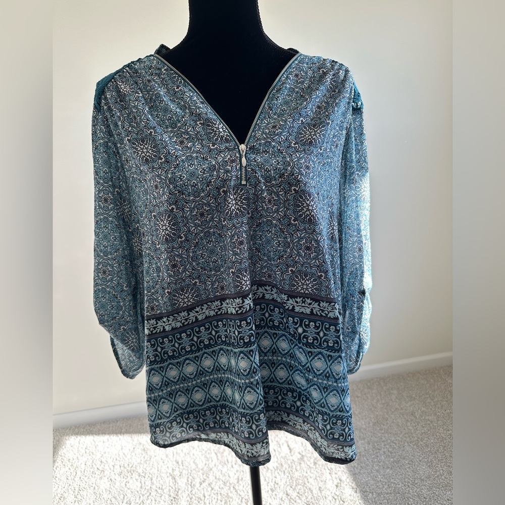 Women’s One World Blue Zip-up Crochet Blouse